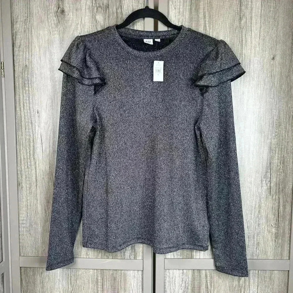Gap Womens Top Silver Gray Ruffle Shoulder Long Sleeved Size L Holiday NEW - Picture 1 of 8